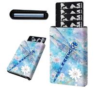 Mxfdegf Credit Card Holder Aluminum Auto Pop Up Wallet, Slim Minimalist Credit Card Holder For Men and Women, Leather Card Case Front Pocket Trifold Wallet RFID Blocking Wallets, Cute Dragonfly