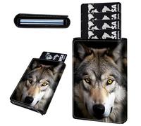 Mxfdegf Credit Card Holder Aluminum Auto Pop Up Wallet, Slim Minimalist Credit Card Holder For Men and Women, Leather Card Case Front Pocket Trifold Wallet RFID Blocking Wallets, Yellow Wolf Eyes