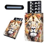 Mxfdegf Credit Card Holder Aluminum Auto Pop Up Wallet, Slim Minimalist Credit Card Holder For Men and Women, Leather Card Case Front Pocket Trifold Wallet RFID Blocking Wallets, Colorful Lion -9