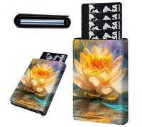 Mxfdegf Credit Card Holder Aluminum Auto Pop Up Wallet, Slim Minimalist Credit Card Holder For Men and Women, Leather Card Case Front Pocket Trifold Wallet RFID Blocking Wallets, Yellow Lotus Flower
