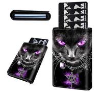 Mxfdegf Credit Card Holder Aluminum Auto Pop Up Wallet, Slim Minimalist Credit Card Holder For Men and Women, Leather Card Case Front Pocket Trifold Wallet RFID Blocking Wallets, Purple Eyed Cat