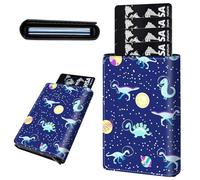 Mxfdegf Credit Card Holder Aluminum Auto Pop Up Wallet, Slim Minimalist Credit Card Holder For Men and Women, Leather Card Case Front Pocket Trifold Wallet RFID Blocking Wallets, Planet Dinosaur -966