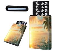 Mxfdegf Credit Card Holder Aluminum Auto Pop Up Wallet, Slim Minimalist Credit Card Holder For Men and Women, Leather Card Case Front Pocket Trifold Wallet RFID Blocking Wallets, Coast Sea Palm Trees