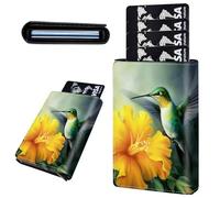 Mxfdegf Credit Card Holder Aluminum Auto Pop Up Wallet, Slim Minimalist Credit Card Holder For Men and Women, Leather Card Case Front Pocket Trifold Wallet RFID Blocking Wallets, Hummingbird Yellow