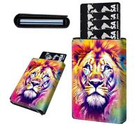 Mxfdegf Credit Card Holder Aluminum Auto Pop Up Wallet, Slim Minimalist Credit Card Holder For Men and Women, Leather Card Case Front Pocket Trifold Wallet RFID Blocking Wallets, Color lion