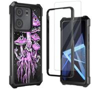 Mxfdegf for BLU View 5 Case,with Tempered Glass Screen Protector,Shockproof Durable PC and TPU Bumper Raised Corner Edge Case for BLU View 5,Green Eyes and Mushroom