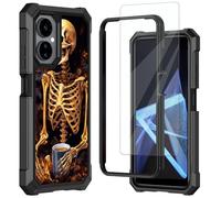 Mxfdegf for Celero 3 5G Phone Case, Boost Mobile Celero 2024 5G Case,with Tempered Glass Screen Protector, Durable PC and TPU Bumper Raised Corner Edge Case for Celero 5G 3,Human Skeleton and Coffee