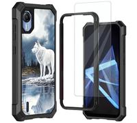 Mxfdegf for Cricket Debut S2 Case, Att Calypso 4 Case,with Tempered Glass Screen Protector,Shockproof Durable PC and TPU Bumper Raised Corner Edge Case for Cricket Debut S2,White Wolf Under The Moon