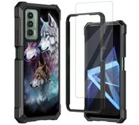 Mxfdegf for Cricket Outlast Case, AT&T Jetmore Case, with Tempered Glass Screen Protector, Durable PC and TPU Bumper Raised Corner Edge Case for Cricket Outlast,Three Wolves and Moon