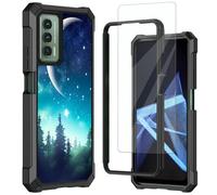Mxfdegf for Cricket Outlast Case, AT&T Jetmore Case, with Tempered Glass Screen Protector, Durable PC and TPU Bumper Raised Corner Edge Case for Cricket Outlast,Night Sky Stars Forest