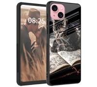 Mxfdegf for iPhone 15 Plus Case 6.7", Tempered Glass Back + Soft Silicone TPU Shockproof Anti-Scratch Protective Phone Case for iPhone 15 Plus,Brown Cat and Book