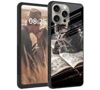 Mxfdegf for iPhone 15 Pro Case, Tempered Glass Back + Soft Silicone TPU Shockproof Anti-Scratch Protective Phone Case for iPhone 15 Pro 6.1",Brown Cat and Book