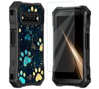 Mxfdegf for Kyocera DuraForce Pro 3 Case, with Tempered Glass Screen Protector, Durable PC and TPU Bumper Raised Corner Edge Case for DuraForce Pro 3 E7200,Gold Glitter Paw