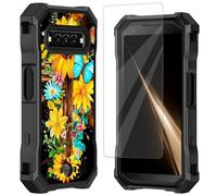 Mxfdegf for Kyocera DuraForce Pro 3 Case, with Tempered Glass Screen Protector, Durable PC and TPU Bumper Raised Corner Edge Case for DuraForce Pro 3 E7200,Gold Sunflower Butterfliy