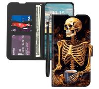 Mxfdegf for Orbic Joy RC608L Wallet Case, with Card Holder Wrist Strap,PU Leather Flip Folio Magnetic Clasp Kickstand,Drop Protection TPU Inner Cover for Orbic Joy,Human Skeleton and Coffee