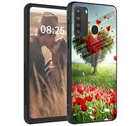 Mxfdegf for Samsung Galaxy A21 Case,Tempered Glass Back+Soft Silicone TPU Shockproof Anti-Scratch Protective Phone Case for Galaxy A21,Love Heart Trees Flowers