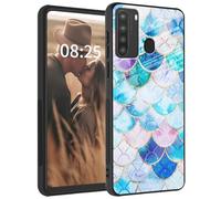 Mxfdegf for Samsung Galaxy A21 Case,Tempered Glass Back+Soft Silicone TPU Shockproof Anti-Scratch Protective Phone Case for Galaxy A21,Flash Fish