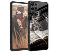 Mxfdegf for Samsung Galaxy S22 Ultra Case, Tempered Glass Back+Soft Silicone TPU Shockproof Anti-Scratch Protective Phone Case for Galaxy S22 Ultra,Brown Cat and Book