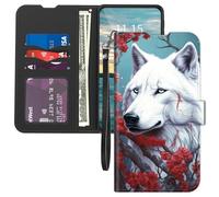 Mxfdegf for Samsung Galaxy S22 Ultra Wallet Case,with Card Holder Wrist Strap,PU Leather Flip Folio Magnetic Clasp Kickstand,Drop Protection TPU Inner Cover for Galaxy S22 Ultra,White Wolf Red Plum