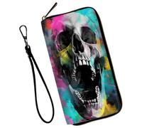 Mxfdegf Wristlet Wallet for Women Teen Girls Womens Wallet RFID Blocking Credit Card Holder with Removable Wristlet,Leather Phone Wallet Clutch Large Capacity Ladies Travel Purs, Screaming Skull
