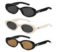 MXGHIR 3 PCS Oval Sunglasses, Retro Cat Eye Sunglasses 90s Narrow Small Face Vintage Sun Glasses for Women Men, UV400 (Black, Brown, White)