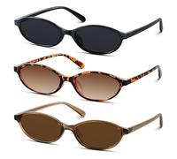 MXGHIR Oval Sunglasses, 3 PCS Cat Eye Retro Sunglasses 90s Narrow Small Face Vintage Sun Glasses for Women, UV400 (Black, Brown, Leopard Print)