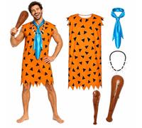 MXHBSTP Fred Flintstone Costume, Flintstones Fancy Dress, Stone Age Themed Party Outfit, Halloween Costume Set,with Fancy Dress, Hammer and Necklace, Cosplay Costume for Group Events