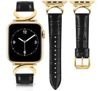 mxiixnai Leather Strap Compatible with Apple Watch Straps 41mm 40mm 42mm 38mm Women, Slim Thin Leather Replacement Strap for iWatch Bands Series 10-1/SE,Crocodile Pattern Black/Gold