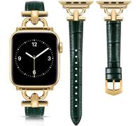 mxiixnai Leather Strap Compatible with Apple Watch Straps 41mm 40mm 42mm 38mm Women, Slim Thin Leather Replacement Strap for iWatch Bands Series 10 9 8 7 6 5 4 3 2 1 SE,Green/Gold
