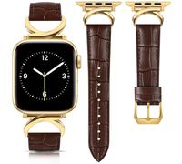 mxiixnai Leather Strap Compatible with Apple Watch Straps 41mm 40mm 42mm 38mm Women, Slim Thin Leather Replacement Strap for iWatch Bands Series 10-1/SE,Crocodile Pattern Brown/Gold