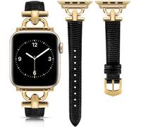 mxiixnai Leather Strap Compatible with Apple Watch Straps 41mm 40mm 42mm 38mm Women, Slim Thin Leather Replacement Strap for iWatch Bands Series 10 9 8 7 6 5 4 3 2 1 SE,Lizard Black/Gold
