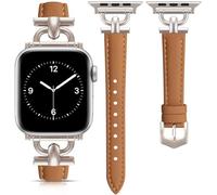 mxiixnai Leather Strap Compatible with Apple Watch Straps 41mm 40mm 42mm 38mm Women, Slim Thin Leather Replacement Strap for iWatch Bands Series 10 9 8 7 6 5 4 3 2 1 SE,Brown/Starlight