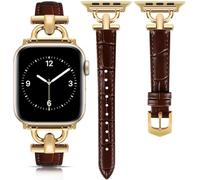 mxiixnai Leather Strap Compatible with Apple Watch Straps 41mm 40mm 42mm 38mm Women, Slim Thin Leather Replacement Strap for iWatch Bands Series 10 9 8 7 6 5 4 3 2 1 SE,Brown/Gold