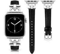 mxiixnai Leather Strap Compatible with Apple Watch Straps 44/45/49/46/42mm Women, Slim Thin Leather Replacement Strap for iWatch Bands Series 10 9 8 7 6 5 4 3 2 1 SE Ultra 2,Lizard Black/Silver
