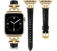 mxiixnai Leather Strap Compatible with Apple Watch Straps 44mm 45mm 49mm 46mm 42mm Women, Slim Thin Leather Replacement Strap for iWatch Bands Series 10 9 8 7 6 5 4 3 2 1 SE Ultra 2,Black/Gold