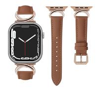 mxiixnai Leather Strap Compatible with Apple Watch Straps 44mm 45mm 49mm 46mm 42mm Women, Slim Thin Leather Replacement Strap for iWatch Bands Series 10-1/SE/Ultra 2,Brown/Rose Gold