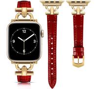 mxiixnai Leather Strap Compatible with Apple Watch Straps 44mm 45mm 49mm 46mm 42mm Women, Slim Thin Leather Replacement Strap for iWatch Bands Series 10 9 8 7 6 5 4 3 2 1 SE Ultra 2,Red/Gold