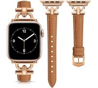 mxiixnai Leather Strap Compatible with Apple Watch Straps 44mm 45mm 49mm 46mm 42mm Women, Slim Thin Leather Replacement Strap for iWatch Bands Series 10 9 8 7 6 5 4 3 2 1 SE Ultra 2,Brown/Rose Gold