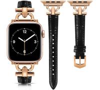 mxiixnai Leather Strap Compatible with Apple Watch Straps 44mm 45mm 49mm 46mm 42mm Women, Slim Thin Leather Replacement Strap for iWatch Bands Series 10 9 8 7 6 5 4 3 2 1 SE Ultra 2,Black/Rose Gold