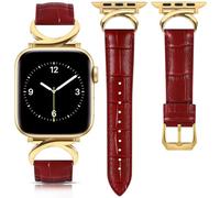 mxiixnai Leather Strap Compatible with Apple Watch Straps 44mm 45mm 49mm 46mm 42mm Women, Slim Thin Leather Replacement Strap for iWatch Bands Series 10-1/SE/Ultra 2,Crocodile Pattern Red/Gold