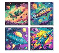 MXJSUA 4 Pack Cartoon Rocket Ship Paint by Numbers Kit with Framed Canvas for Ages 6-12 Kids, Paint by Numbers Kits for Children Beginners, Acrylic Oil Painting for Home Wall Decor Gift (20x20cm)