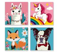 MXJSUA 4 Pack Cute Llama Fox Animals Paint by Numbers Kit with Framed Canvas for Ages 6-12 Kids, Paint by Numbers Kits for Children Beginners, Acrylic Oil Painting for Home Wall Decor Gift (20x20cm)