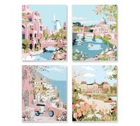 MXJSUA 4 Pack Framed Canvas Paint by Numbers for Kids Adults, Beautiful Architecture Paint by Numbers Kit for Children Beginners, DIY Acrylic Painting Craft Kits for Home Wall Decor, 20x25cm