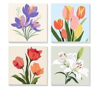 MXJSUA 4 Pack Framed Canvas Paint by Numbers for Kids Adults, Beautiful Flowers Lilies Paint by Numbers Kit for Children Beginners, DIY Acrylic Painting Craft Kits for Home Wall Decor, 20x20cm