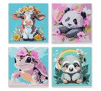 MXJSUA 4 Pack Framed Cute Animals Paint by Numbers for Kids Ages 6-12, Cow Panda Turtle Sloth Paint by Number Kits for Children Beginner, Acrylic Oil Painting for Home Wall Decor 20x20cm
