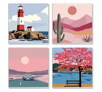 MXJSUA 4 Pack Lighthouse Landscape Paint by Numbers Kit with Framed Canvas for Ages 6-12 Kids, Paint by Numbers Kits for Children Beginners, Acrylic Oil Painting for Home Wall Decor Gift (20x20 cm)