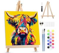 MXJSUA Highland Cow Framed Paint by Numbers for Adults Beginners, Easy Adults' Paint-by-Number Kits on Canvas with Easel, Acrylic Number Painting Crafts Gifts for Home Decor, 25x25cm