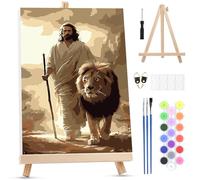 MXJSUA Jesus Framed Paint by Numbers for Adults Beginners, Easy Adults' Paint-by-Number Kits on Canvas with Easel, Lion Acrylic Number Painting Crafts Kits Gifts for Home Decor, 20x30cm