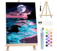 MXJSUA Moon Beach Paint by Numbers Kit with Frame for Adult Beginner, Adults Paint by Number Kits on Canvas with Easel, DIY Acrylic Oil Painting Art Craft Kits, 20x30cm/8x12inch