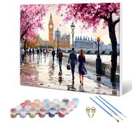 MXJSUA Street Cityscape Paint by Numbers for Adults with Frame, Canvas-with Wooden Easel, Canvas Oil Painting Kit, DIY Acrylic Pigment Drawing Paintwork Arts Craft Kits for Home Wall Decor 40x30cm